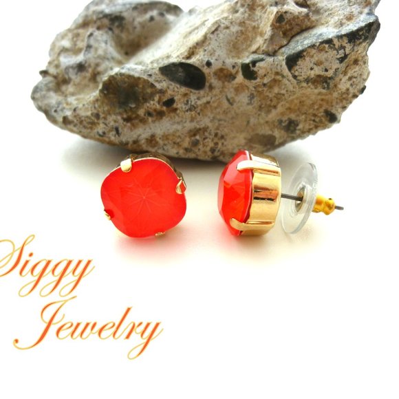 Electric Red Cushion Cut Solitaire Stud Earrings made with 12mm Premium Crystals - Picture 3 of 5
